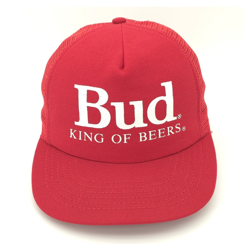 VINTAGE Budweiser Hat Beer Cap Mens Snap Back Red Mesh Foam Front Trucker